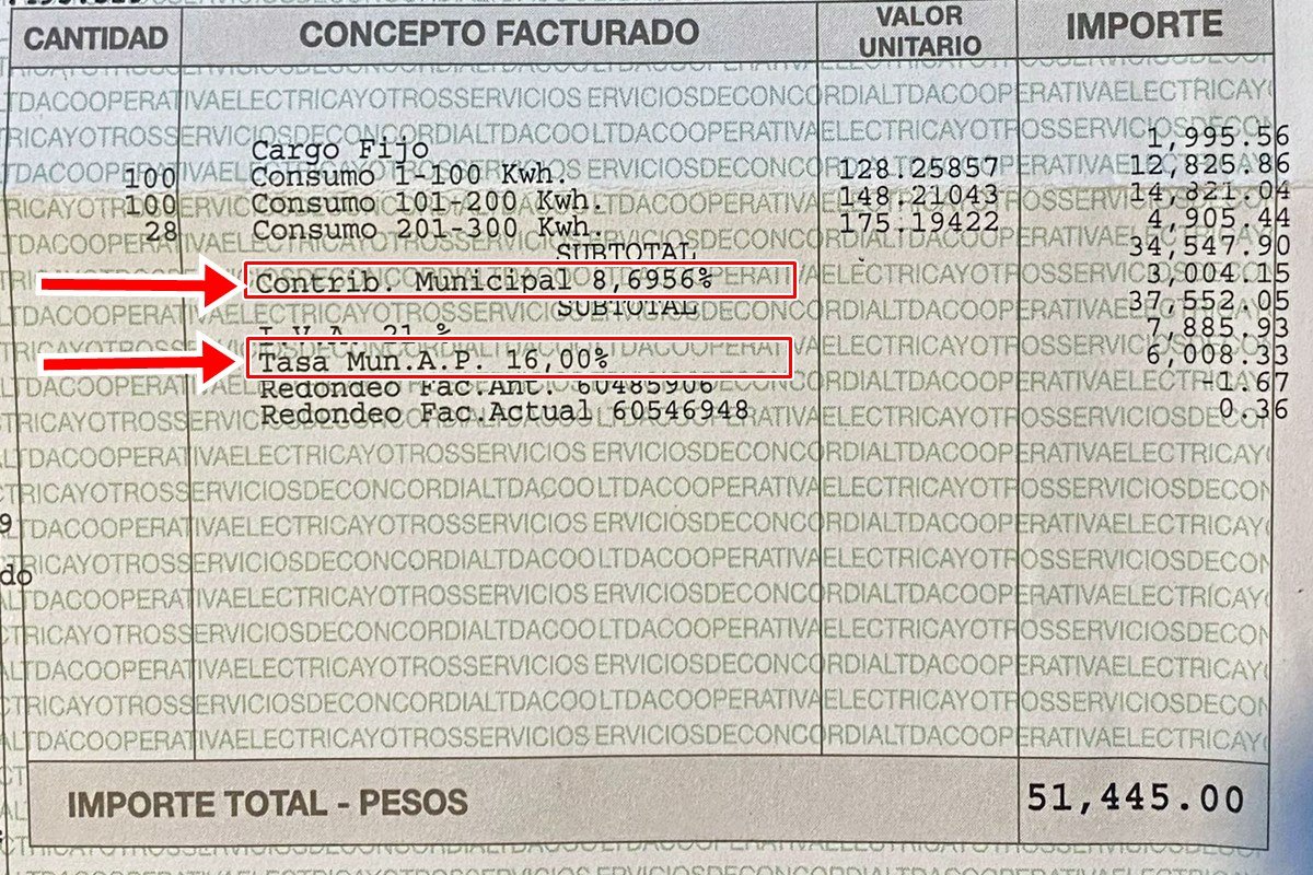 Los dos &iacute;tems municipales en la factura de la Cooperativa El&eacute;ctrica