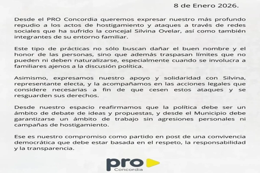 Comunicado del PRO Concordia en la tarde de este jueves.