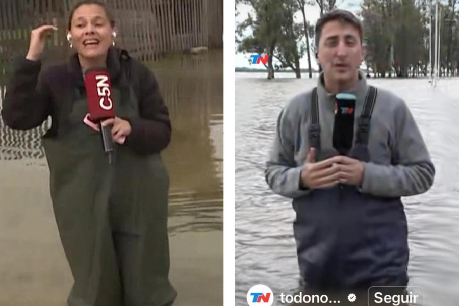 Cronistas de dos medios nacionales "sumergidos" en las aguas del r&iacute;o Uruguay.